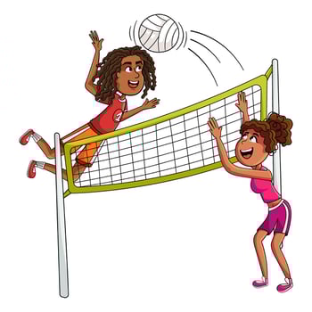 Cute African kids playing volleyball, cartoon-style sports illustration vector