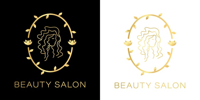 Illustration of a beautiful feminine woman with long hair on a black and white background. Luxury gold gradient logo template for hair and beauty salon, cosmetic procedures vector