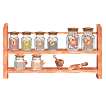 Wooden shelf with glass jars with anise, chili, cardamom, black pepper, cinnamon, paprika, turmeric, mortar and pestle, scoop. Hand-drawn watercolor illustrations png