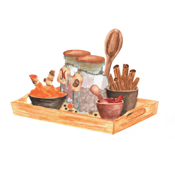 Kitchen composition with condiments on the wooden tray. Turmeric, paprika, black pepper in glass jars and ceramic bowls. Hand-drawn watercolor illustration png