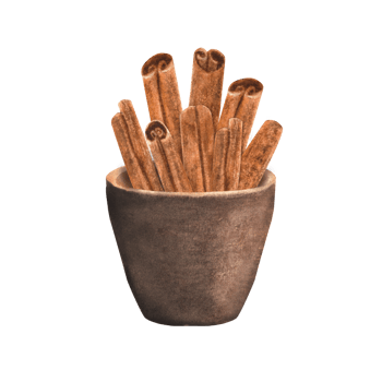 Terracotta ceramic bowl with cinnamon sticks. Baking cooking kitchen clipart. Cinnamon sticks. Hand-drawn watercolor illustration png