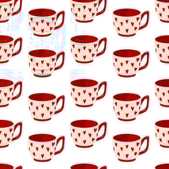 Seamless pattern with mug with heart in flat style for Valentine Day. Colorful cup on white background for coffee, tea, beverage. Design for web, textile, print, packaging. vector