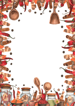 Vertical rectangular frame with spices. Turmeric, cinnamon, nutmeg, anise, allspice, paprika, chili, cardamom. Wooden scoops and spatula and glass jars. Hand-drawn watercolor illustration png