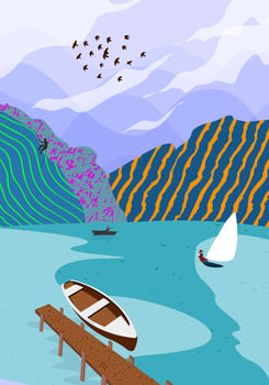 Beautiful landscape of summer lake. Illustration of a fishing lake. vector