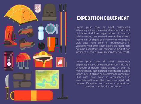 Expedition Equipment Banner Template with Place for Text, Hiking, Camping and Mountaineering Equipment, Tourism vector