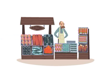 Seafood Market with Freshness Fish on Counter, Street Shop with Male Seller Illustration vector