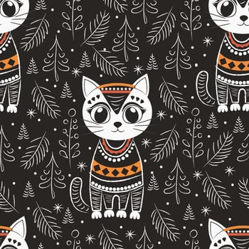 cat in against the background of Christmas trees. seamless pattern vector