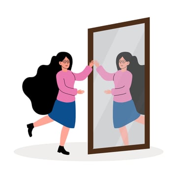 Woman running towards a mirror with long hair and glasses in a simple setting vector