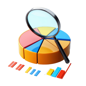 Business pie chart with magnifying glass analyzing data visualization trends and statistics png