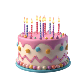 Colorful birthday cake with lit candles on top, decorated with icing and candies png