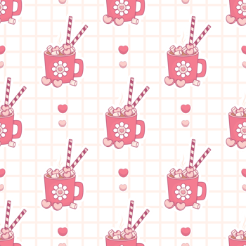 Seamless pattern Festive cup Hot Cocoa with Marshmallows on checkered with hearts png