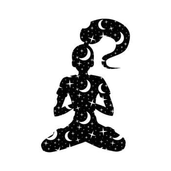 A silhouette of a woman with a ponytail in a lotus position. A black shape decorated with white stars and moons, isolated on a white background. Yoga, concentration, meditation. Lifestyle and sports. vector