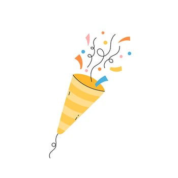 Birthday party popper isolated illustration. Cute colorful confetti cracker. Surprise popper for festive Bday, New Year, other celebration designs. Festive flat hand drawn object vector