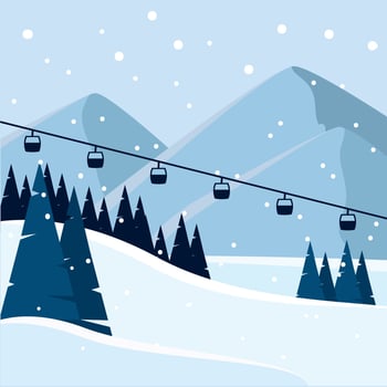 Snowy mountains with cable cars and pine trees vector