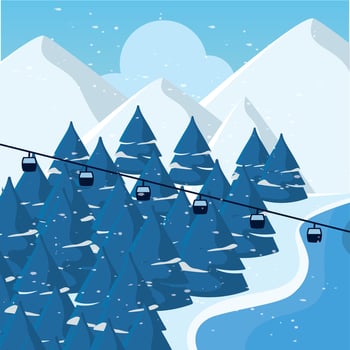 Snowy pine forest with cable cars and mountain peaks vector