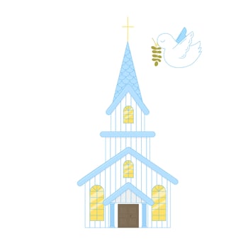 White and Blue Church with Flying Dove and Olive Branch Illustration vector