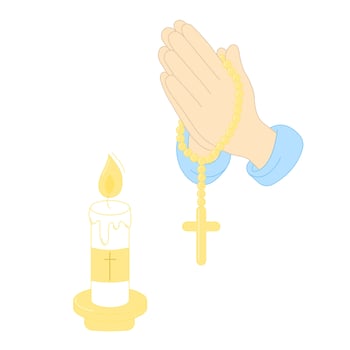 Hands in Prayer with Rosary and Cross Burning Candle Illustration vector