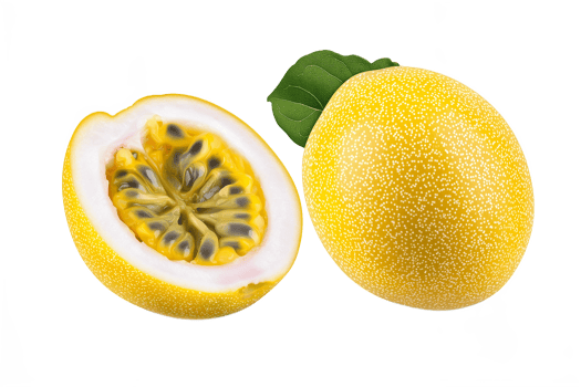 Juicy Yellow Passion Fruit Tropical Fruit Half Cut Seeds Leaf png