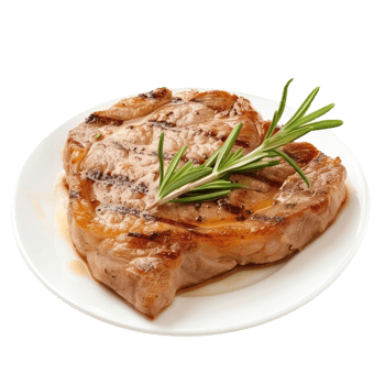 grilled pork steak with rosemary sprig on white plate png