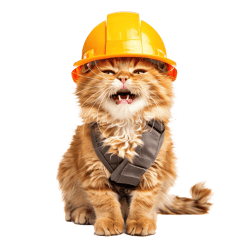 Smiling cat wearing construction helmet, full body isolate on white background png