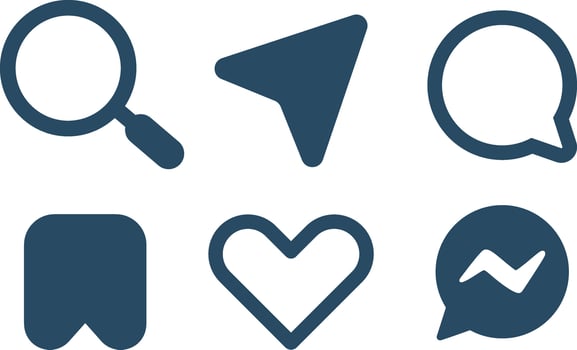 Search, Share, Comment, Save, Bookmark, Like, Direct Message. vector