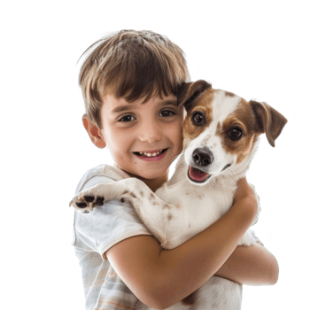 Smiling Little boy holding a Dog isolate on white background png