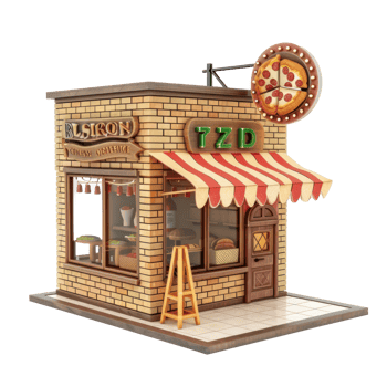 a small pizza shop with a sign on it png
