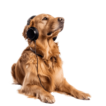 Dog with eyes close listening to music wearing headset, full body isolate on white background png