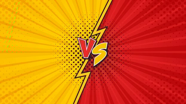 Orange and red background versus comic style. Starburst effect wallpaper with halftone vector