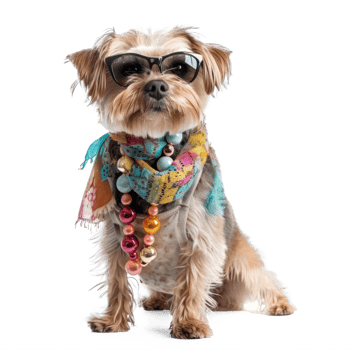 Fashion female dog wearing scarf and necklace with sunglasses, full body standing isolate on transparency background png