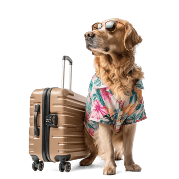 Dog wearing summer shirt with sunglasess standing near travel suitcase isolate on white background png