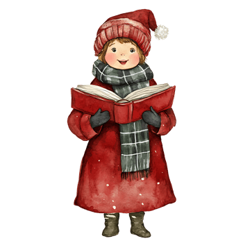 Cheerful child reading book in winter attire and hat png