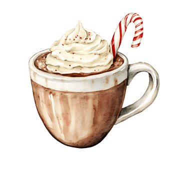 Warm cocoa with whipped cream and candy cane png