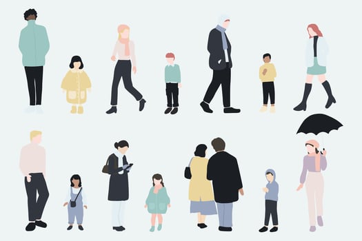 flat minimal people male and female illustration in winter clothing concept isolated set collection. For architecture rendering, graphic design, info graphic, media vector