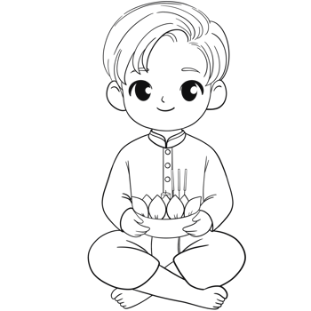 Thai Kids in traditional costume for Loy Krathong festival outline for coloring png