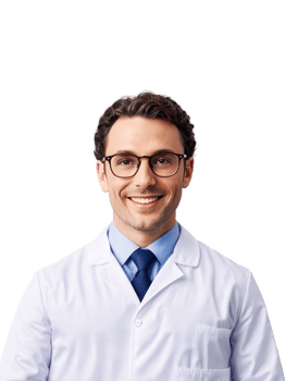 European man aged 30-40 years old, wearing medical uniform, looking happy with glasses, with wavy hair and brown hair. png