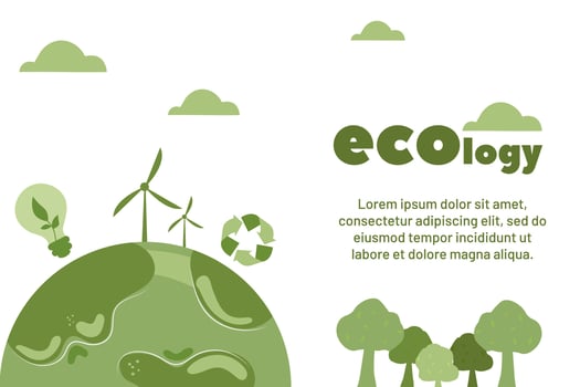 Creative illustration showcasing ecology elements on a green planet with renewable energy sources vector