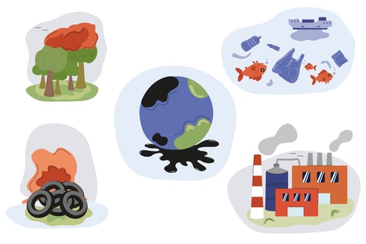 Environmental issues depicted through illustrations of pollution and destruction vector