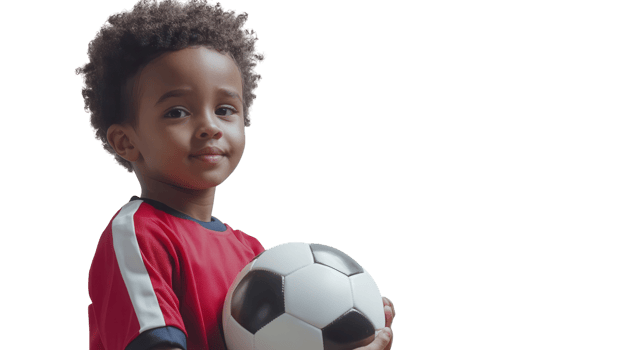 A young child dressed in a vibrant soccer uniform joyfully holding a soccer ball, perfect for sports-themed materials, advertisements, or promotions targeting youth engagement in athletics.. png