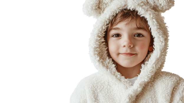 A Cute and Cozy Representation of a Child Dressed in a Fluffy Animal Onesie Perfect for Illustrating Comfort and Playfulness in Children's Fashion or Pajama Themes. png