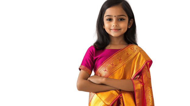 A Child Adorned in a Vibrant Sari with Gold Accents Showcasing Cultural Heritage and Joyful Moments for Celebrations. png