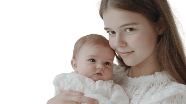 A Caring Nanny Holding an Adorable Baby in a Bright White Setting Perfect for Parenting and Childcare Themes. png