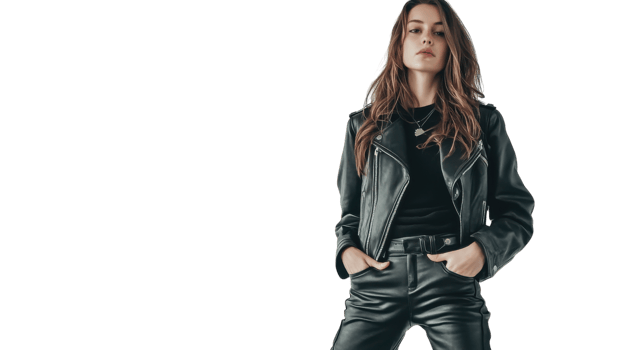 Stylish Girl in a Leather Jacket Riding a Motorcycle, Perfect for Biking and Fashion Promotions in Dynamic Environments. png