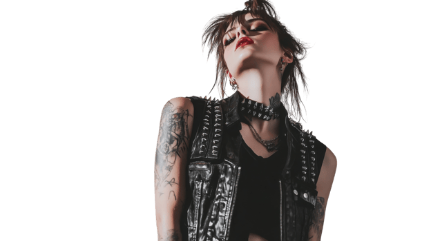 A vibrant depiction of a girl dressed in a punk rock outfit, perfect for showcasing alternative fashion styles, music culture, and edgy youth aesthetics in creative projects.. png
