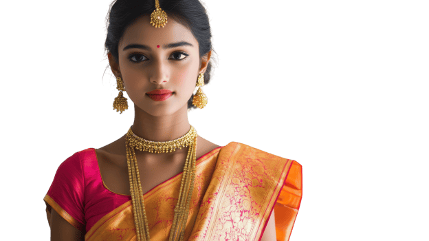 A Beautiful Young Woman Dressed in a Traditional Indian Saree, Perfect for Cultural Events, Festivals, and Celebrations to Showcase Elegance and Heritage. png
