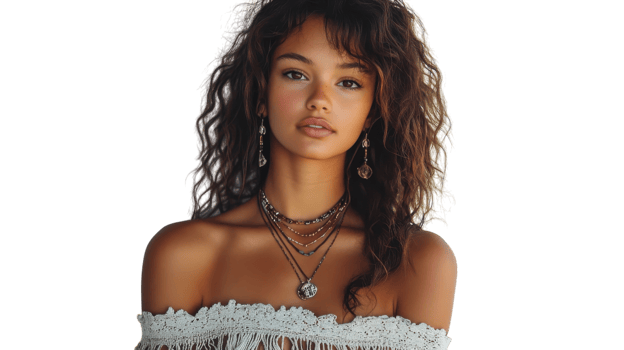Stylish Young Woman in a Bohemian Off Shoulder Top Perfect for Fashion Blogs, Social Media Posts, and Trendy Lookbooks. png