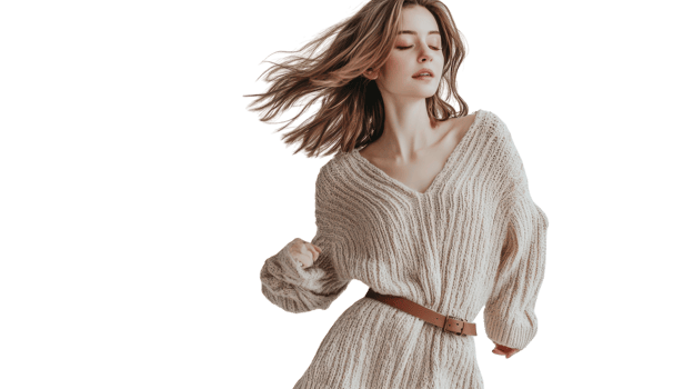 Captivating Image of a Girl in a Casual Knit Dress with a Belt, Perfect for Fashion Blogs, Style Guides, and Social Media Posts Featuring Trendy Outfit Inspirations. png