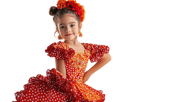 A Vibrant and Colorful Image of a Girl in a Flamenco Dress with Ruffles Perfect for Celebrating Culture and Dance in Presentations. png