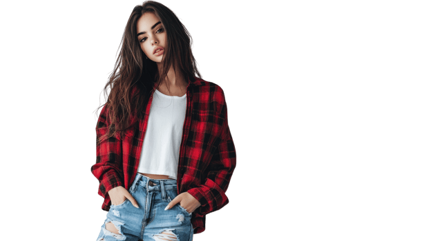 Stylish Young Woman in Flannel Shirt and Ripped Denim Posing Confidently Outdoors for Fashionable Lifestyle Photography. png
