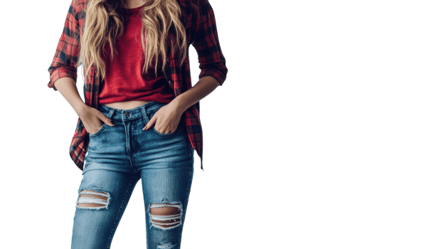 Trendy Young Woman in Flannel Shirt and Ripped Denim Jeans Capturing a Casual and Stylish Look Perfect for Fashion Blogs or Youth Culture Promotion. png